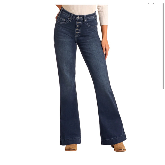 Rock & Roll Denim Button Fly High Rise Trousers Size 25 X 32 - Picture 1 of 13